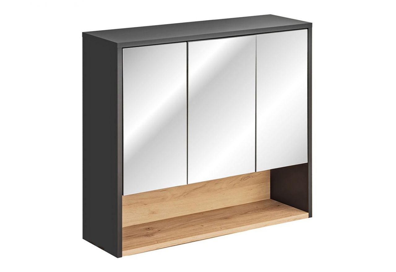 Praktyczna szafka 80 cm w nowoczesnym stylu do łazienki z lustrem, wisząca - PALAWAN / Szary Cosmos / Dąb Artisan / Szary Cosmos