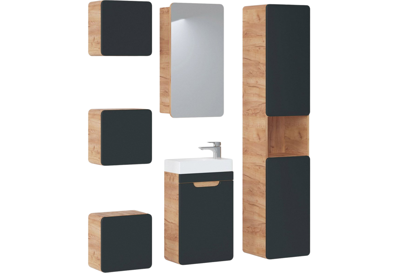 Wiszący zestaw mebli łazienkowych z szafką pod umywalkę 40 cm i lustrem - ARIVA / Dąb Craft Złoty / Szary Kosmos