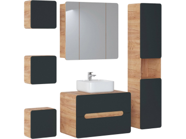 Elegancki i praktyczny zestaw mebli łazienkowych, wiszących z szafką pod umywalkę 80 cm - ARIVA / Dąb Craft Złoty / Szary Kosmos
