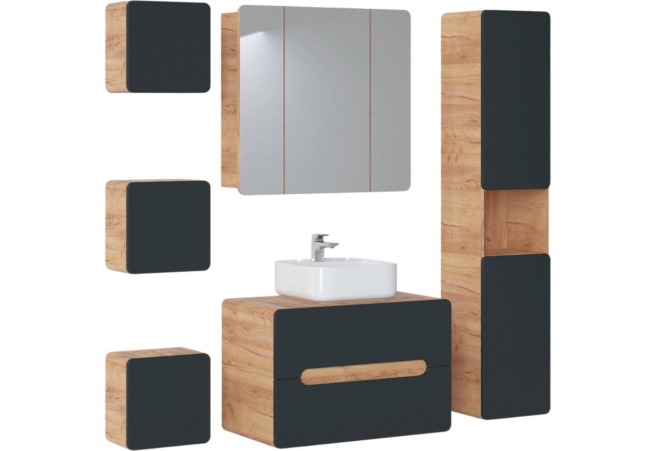 Elegancki i praktyczny zestaw mebli łazienkowych, wiszących z szafką pod umywalkę 80 cm - ARIVA / Dąb Craft Złoty / Szary Kosmos