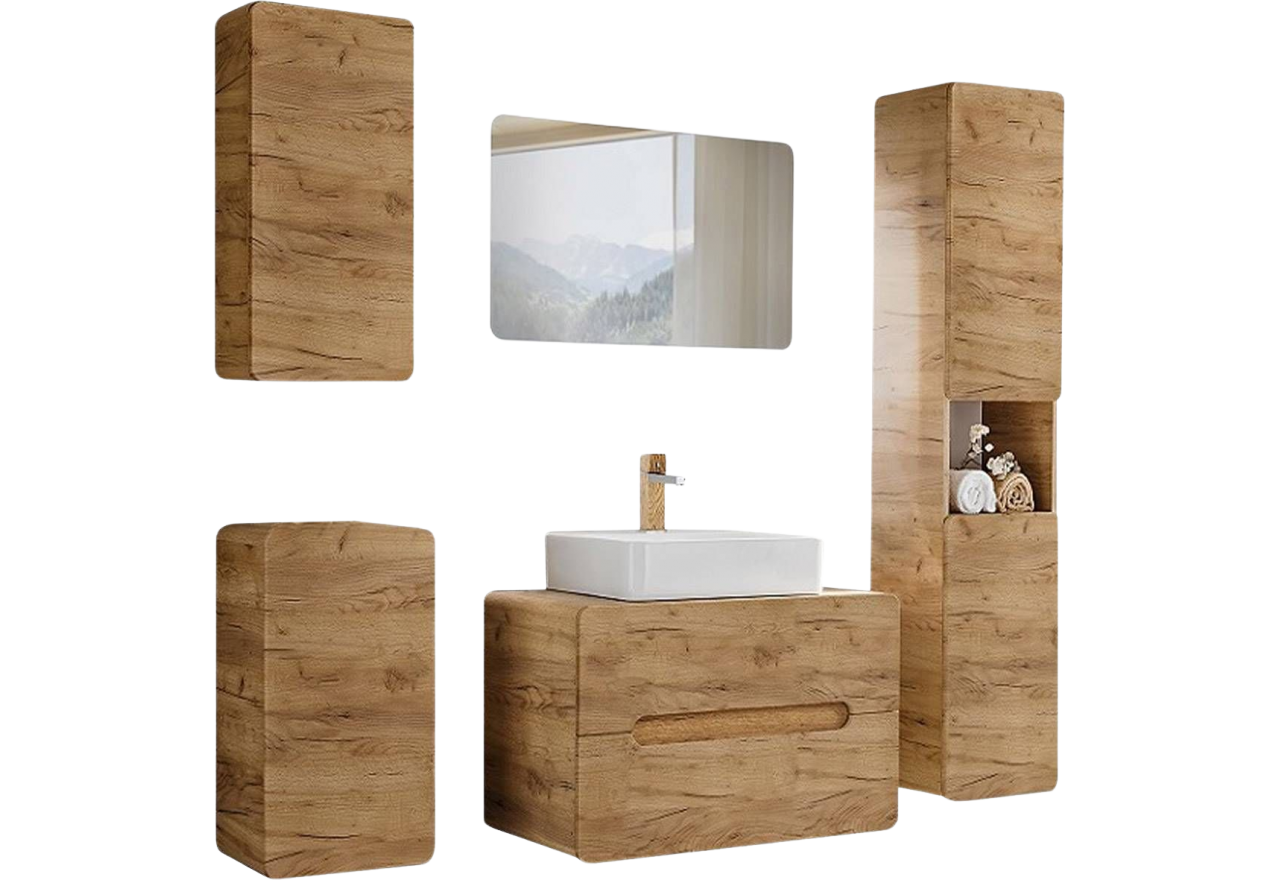 Praktyczny i funkcjonalny zestaw mebli wiszących z szafką pod umywalkę 80 cm i lustrem - ARIVA / Dąb Craft Złoty