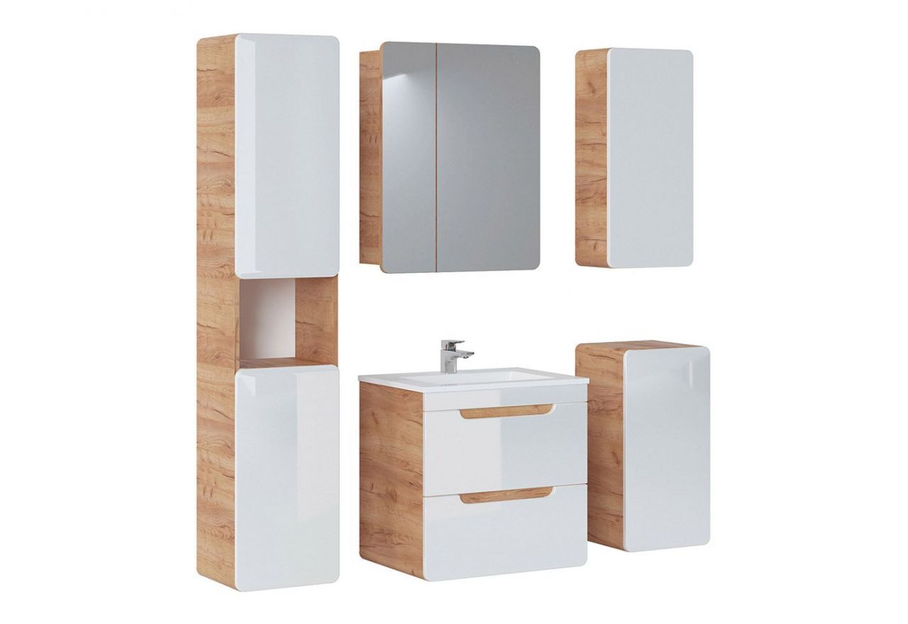 Praktyczny zestaw mebli wiszących do łazienki z szafką pod umywalkę 60 cm - ARIVA / Dąb Craft Złoty / Biały połysk
