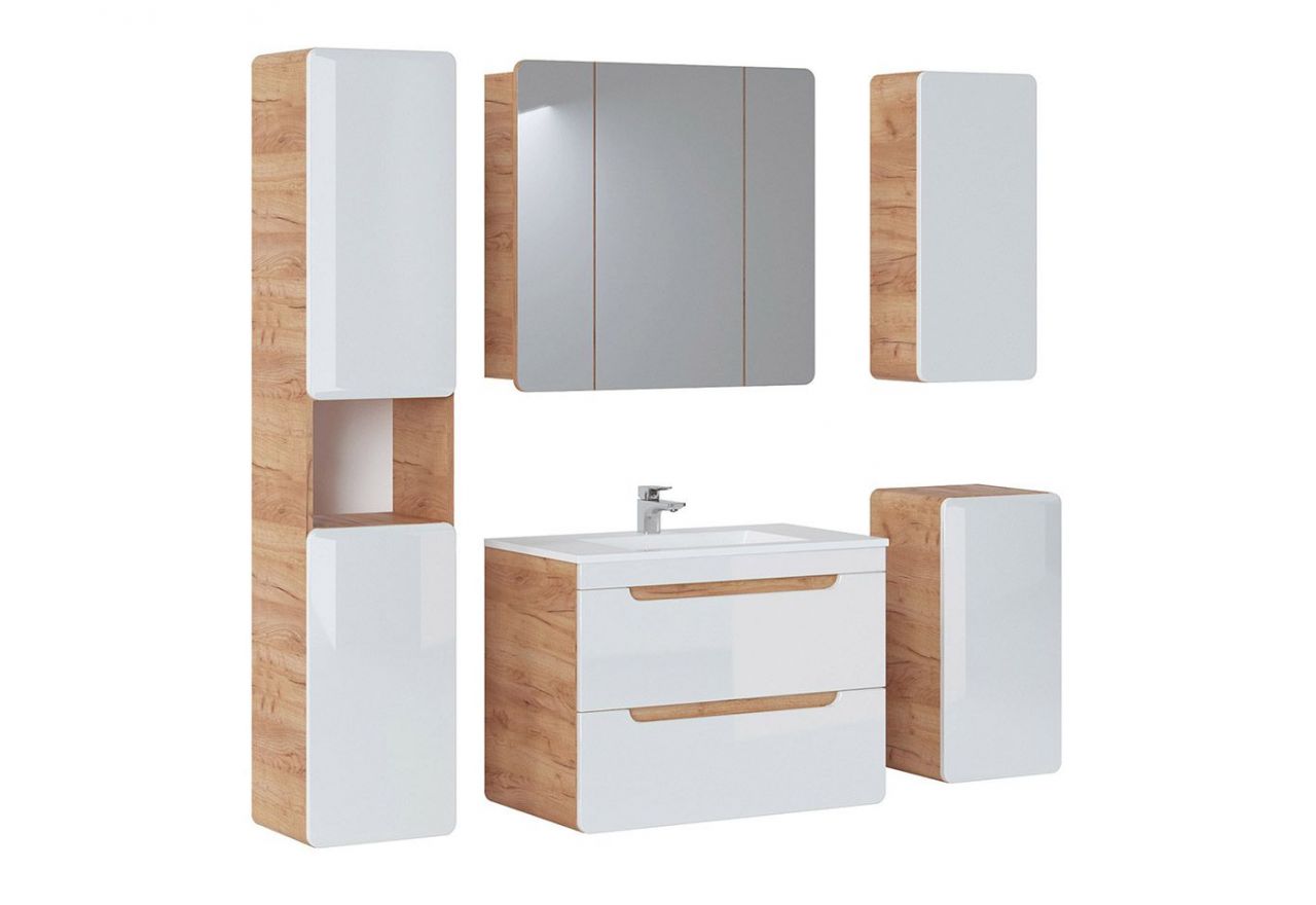 Elegancki zestaw mebli wiszących do łazienki z szafką pod umywalkę 80 cm i lustrem - ARIVA / Dąb Craft Złoty / Biały połysk