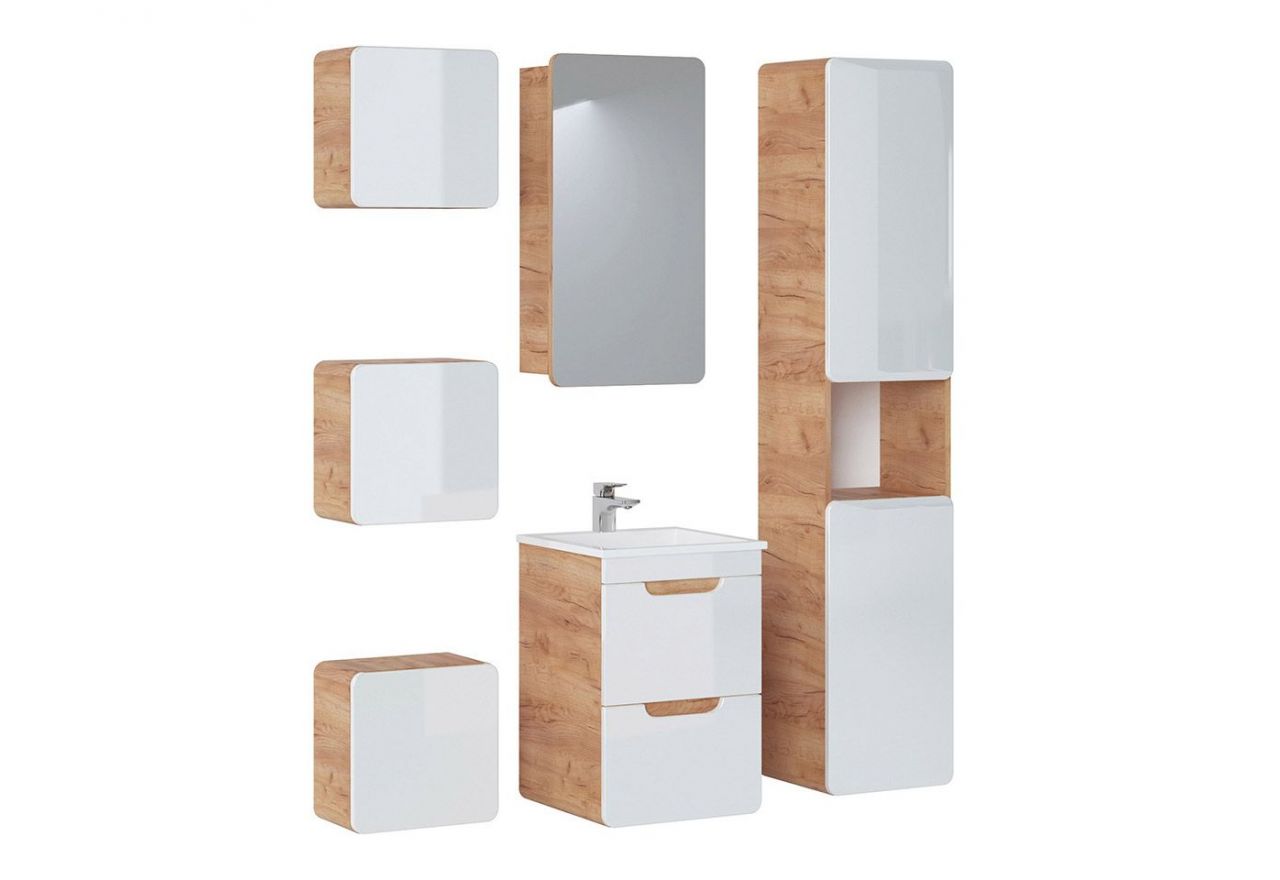 Wiszące meble łazienkowe w zestawie z szafką pod umywalkę 40 cm i lustrem - ARIVA / Dąb Craft Złoty / Biały połysk