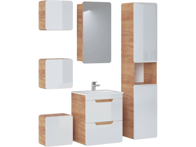 Nowoczesny zestaw mebli wiszących do łazienki z szafką pod umywalkę 50 cm i lustrem - ARIVA / Dąb Craft Złoty / Biały połysk
