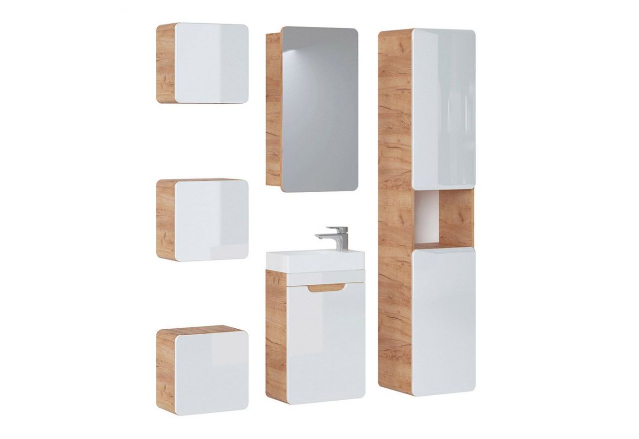 Zestaw wiszących mebli łazienkowych z szafką pod umywalkę 40 cm i lustrem - ARIVA / Dąb Craft Złoty / Biały połysk