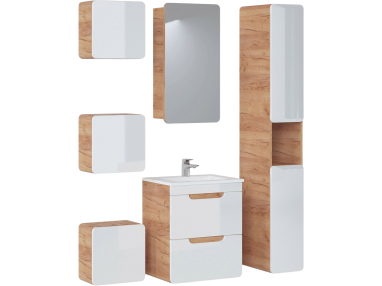 Wiszący zestaw mebli łazienkowych z szafką pod umywalkę 50 cm i lustrem - ARIVA / Dąb Craft Złoty / Biały połysk