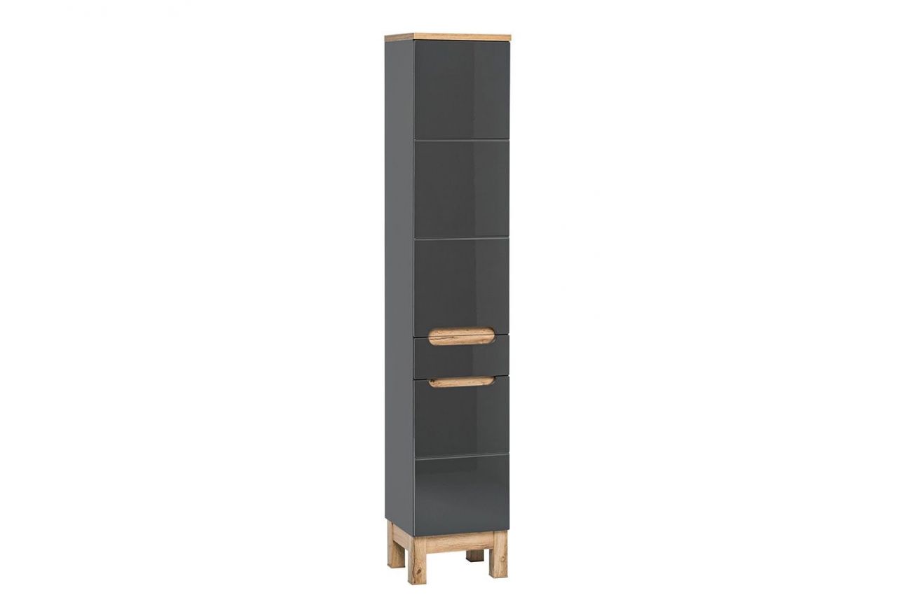 Wysoka, praktyczna szafka w nowoczesnym stylu do łazienki z szufladą - CORINO / Lava połysk / Grafit / Dąb Wotan