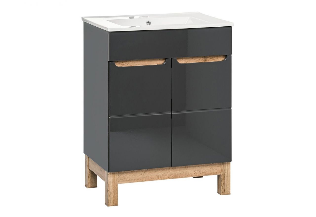 Dwudrzwiowa szafka 60 cm pod umywalkę do łazienki w nowoczesnym stylu - CORINO / Lava połysk / Grafit / Dąb Wotan