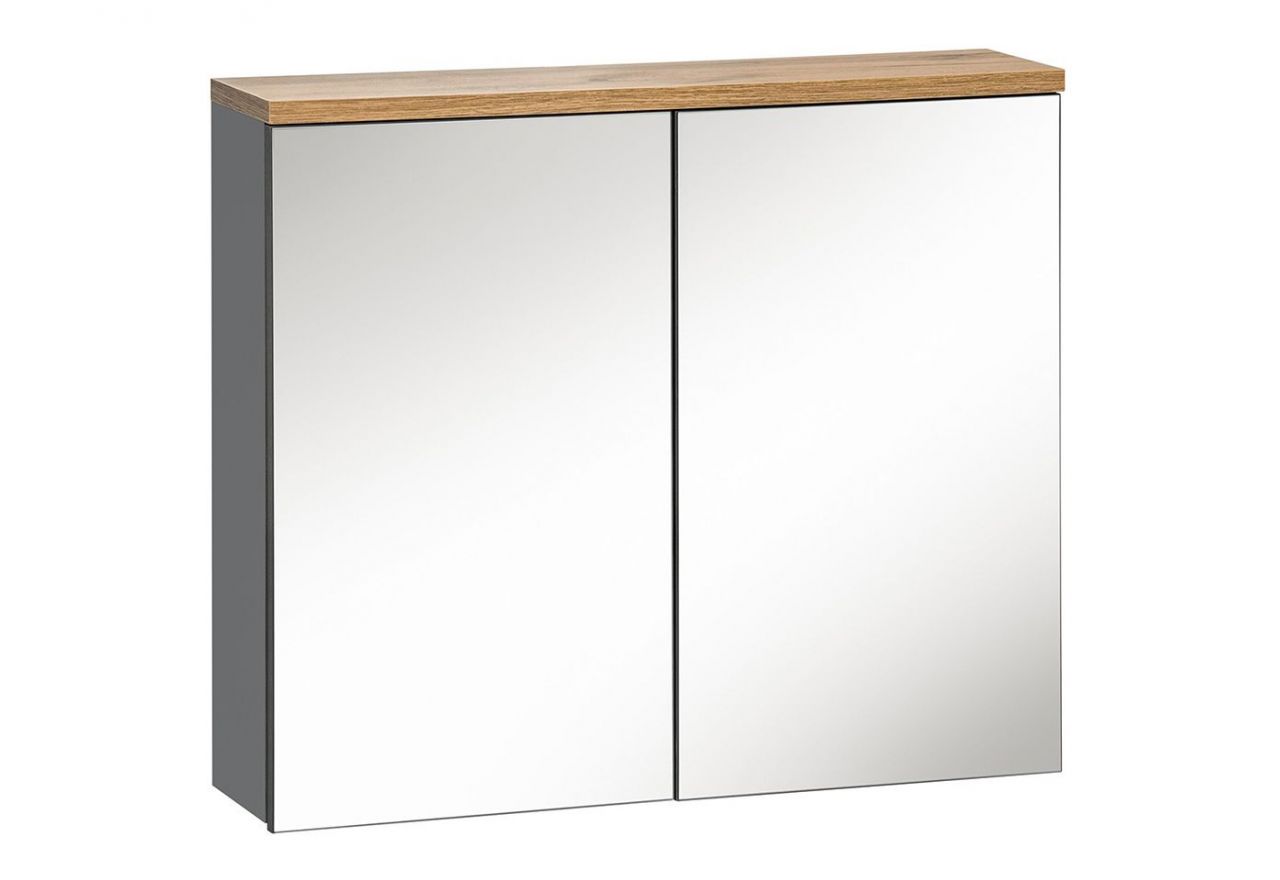 Praktyczna szafka wisząca 80 cm do łazienki z lustrami na frontach w nowoczesnym stylu - CORINO / Grafit / Dąb Wotan
