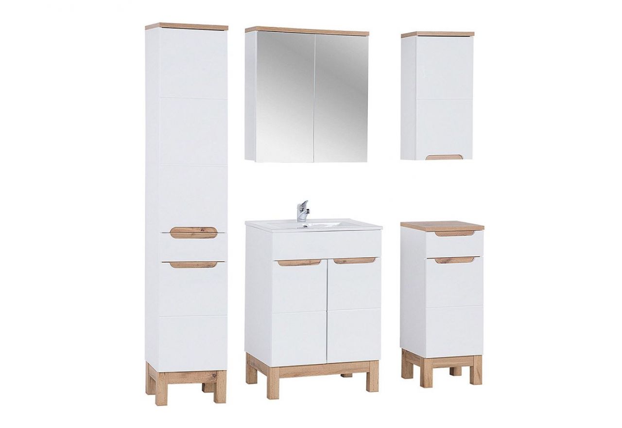 Praktyczny zestaw mebli łazienkowych z szafką pod umywalkę 60 cm i lustrem - CORINO / Biały Kasai połysk / Biały / Dąb Wotan