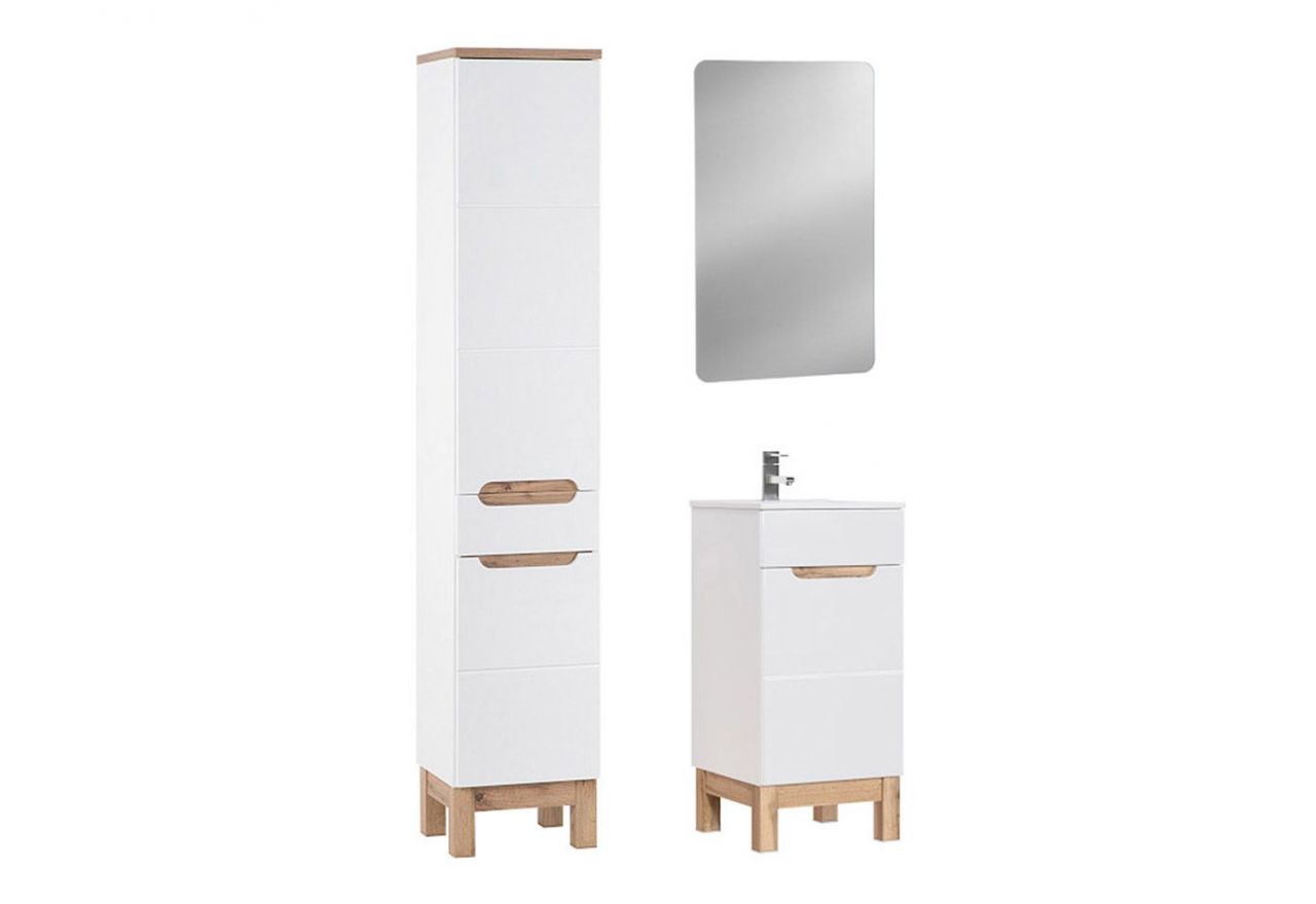 Zestaw mebli łazienkowych z szafką pod umywalkę 40 cm i lustrem LED - CORINO / Biały Kasai połysk / Biały / Dąb Wotan