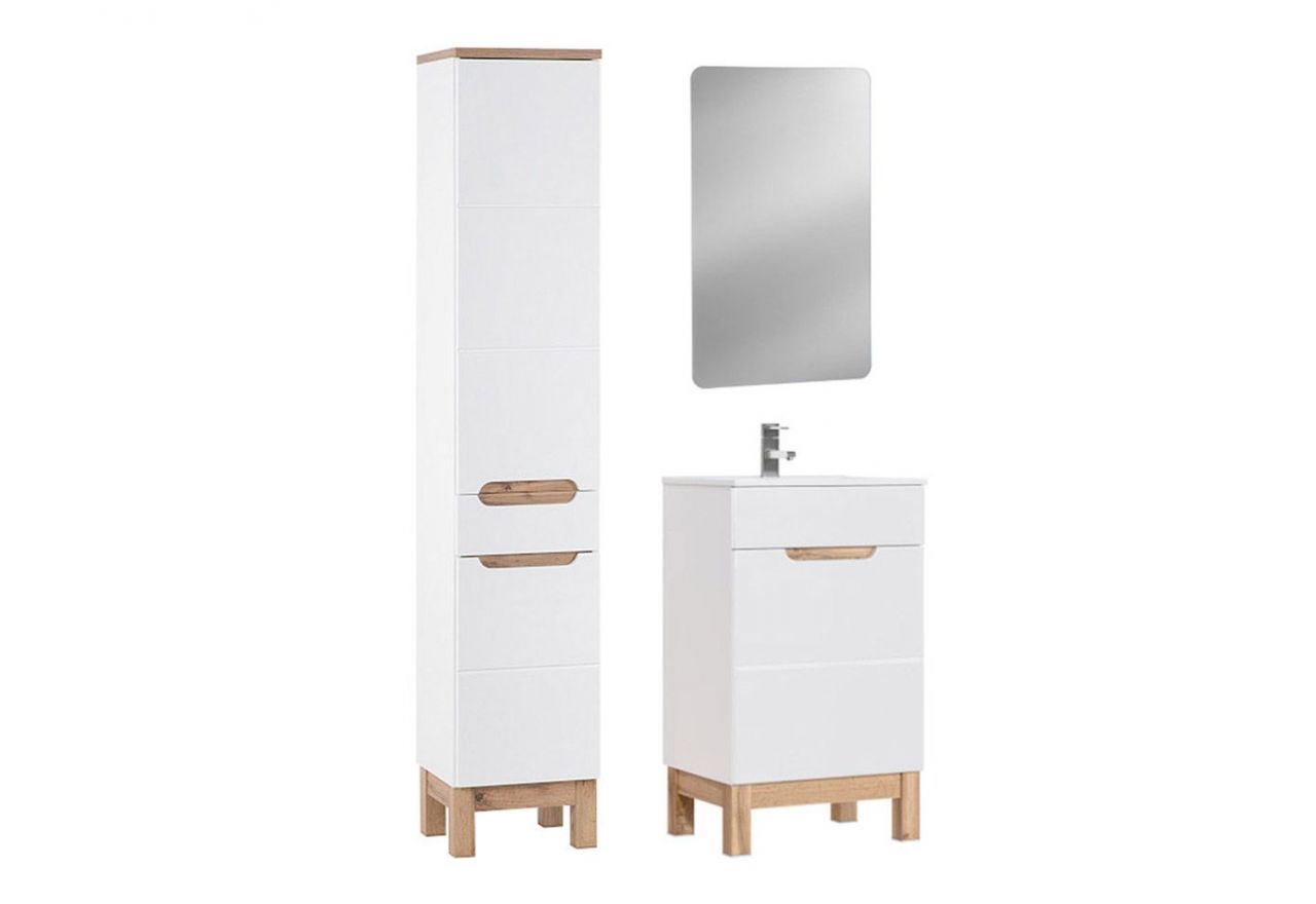 Meble do łazienki w zestawie z szafką pod umywalkę 50 cm i lustrem LED - CORINO / Biały Kasai połysk / Biały / Dąb Wotan