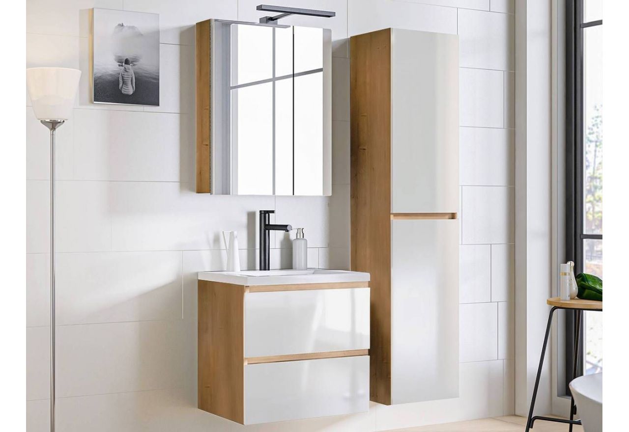 Wiszący zestaw mebli łazienkowych w nowoczesnym stylu z szafką pod umywalkę 60 cm - BORDO / Dąb Hamilton / Biały