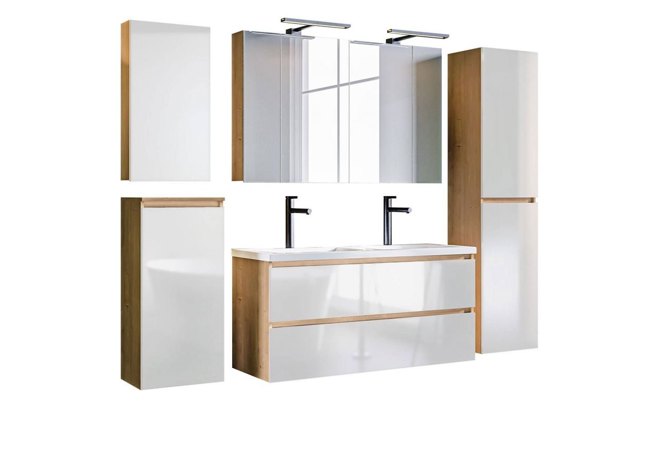 Elegancki zestaw mebli wiszących z szafką umywalkową 120 cm, lustrem i lampkami LED - BORDO / Dąb Hamilton / Biały