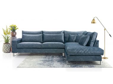 Nowoczesny, niebieski narożnik w kształcie litery L, z metalowymi nogami do salonu - KORNI morski