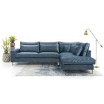 Nowoczesny, niebieski narożnik w kształcie litery L, z metalowymi nogami do salonu - KORNI morski