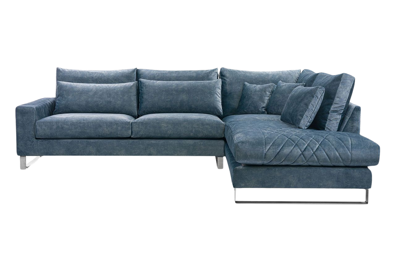 Nowoczesny, niebieski narożnik w kształcie litery L, z metalowymi nogami do salonu - KORNI morski