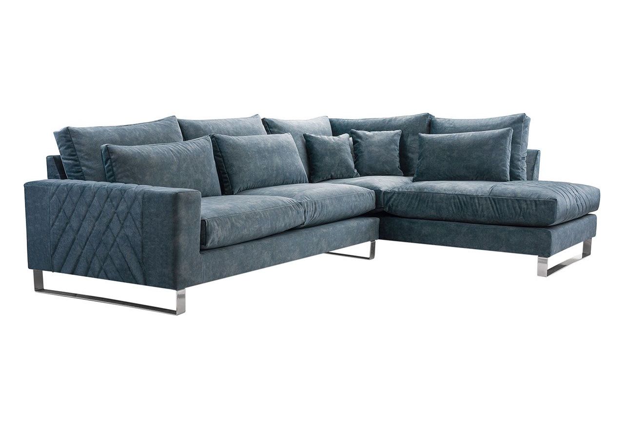 Nowoczesny, niebieski narożnik w kształcie litery L, z metalowymi nogami do salonu - KORNI morski