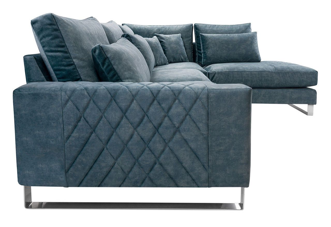 Nowoczesny, niebieski narożnik w kształcie litery L, z metalowymi nogami do salonu - KORNI morski