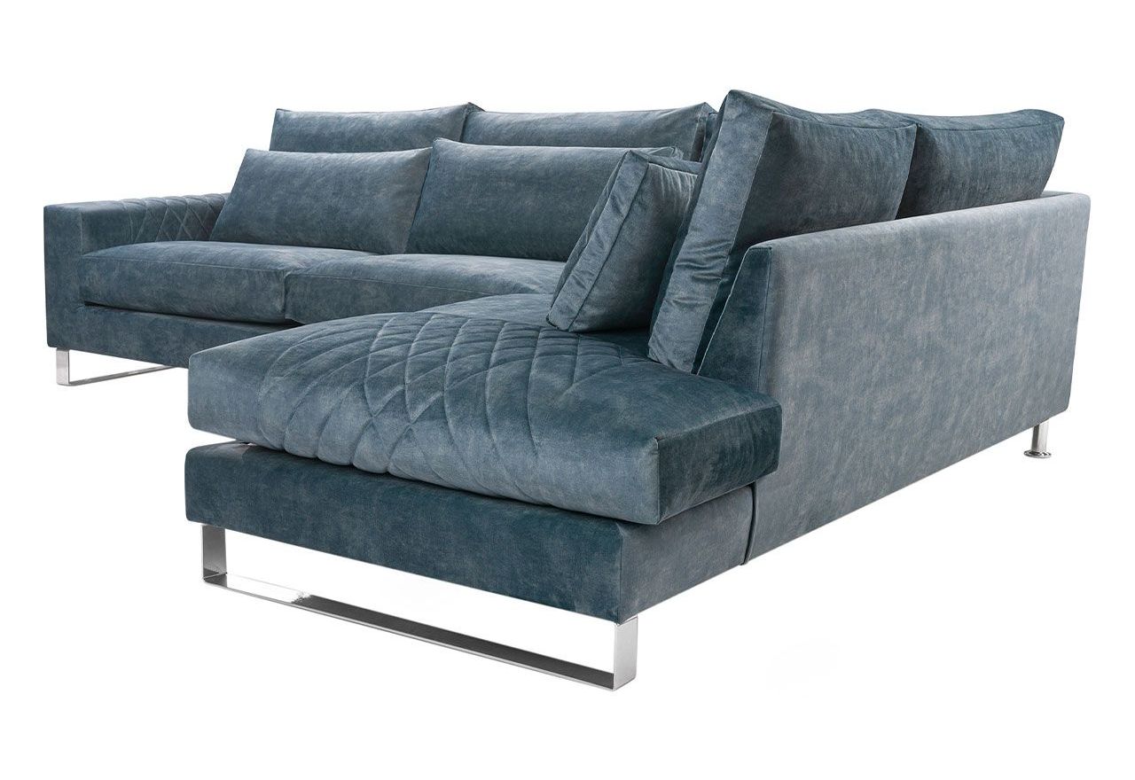 Nowoczesny, niebieski narożnik w kształcie litery L, z metalowymi nogami do salonu - KORNI morski