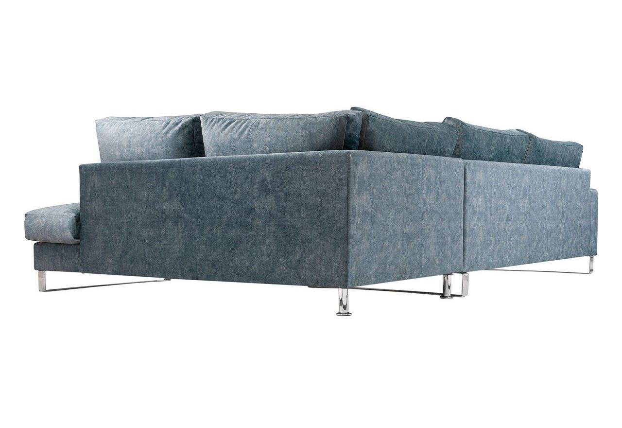 Nowoczesny, niebieski narożnik w kształcie litery L, z metalowymi nogami do salonu - KORNI morski