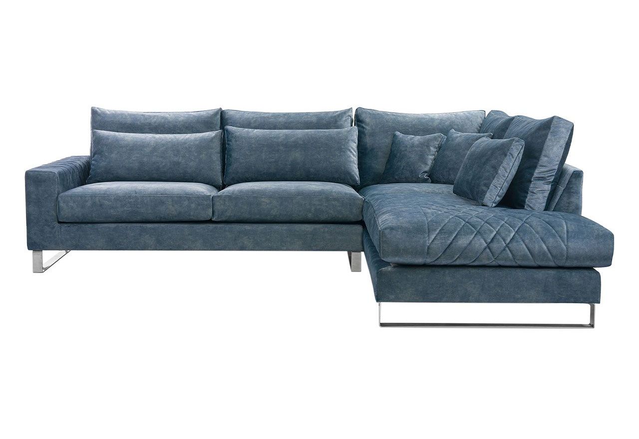 Nowoczesny, niebieski narożnik w kształcie litery L, z metalowymi nogami do salonu - KORNI morski