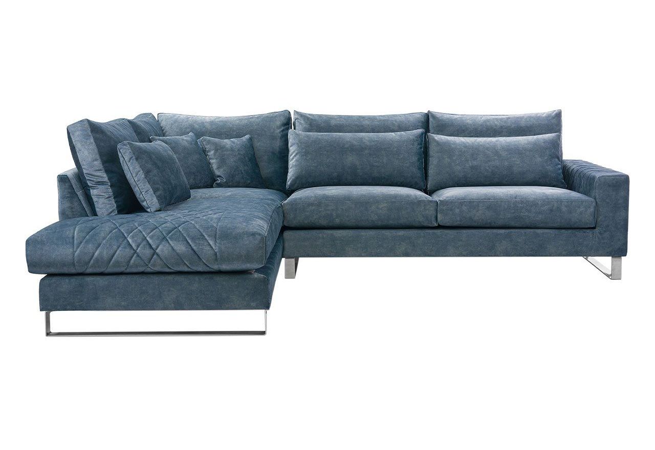 Nowoczesny, niebieski narożnik w kształcie litery L, z metalowymi nogami do salonu - KORNI morski