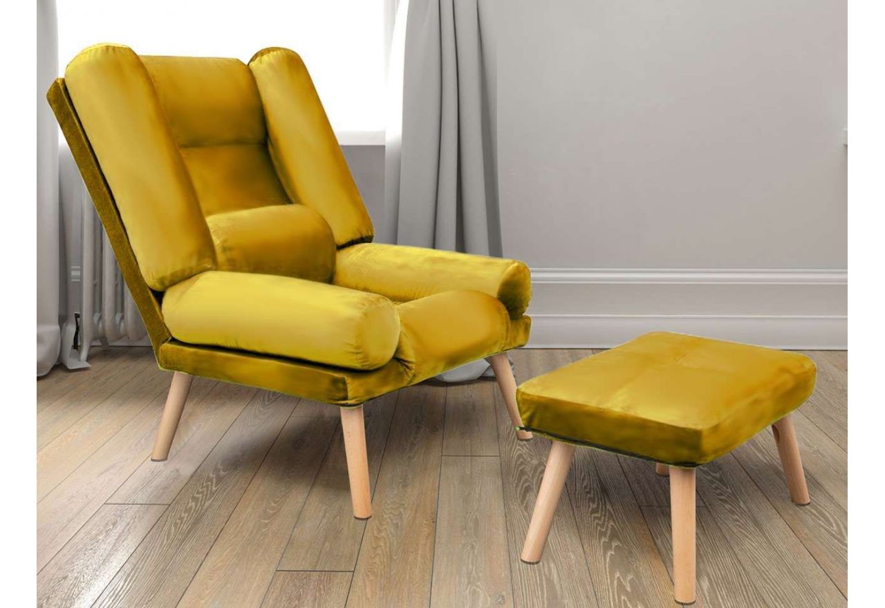 Wygodny, tapicerowany fotel w skandynawskim stylu z podnóżkiem - LOTUS / Solo 257 - żółty