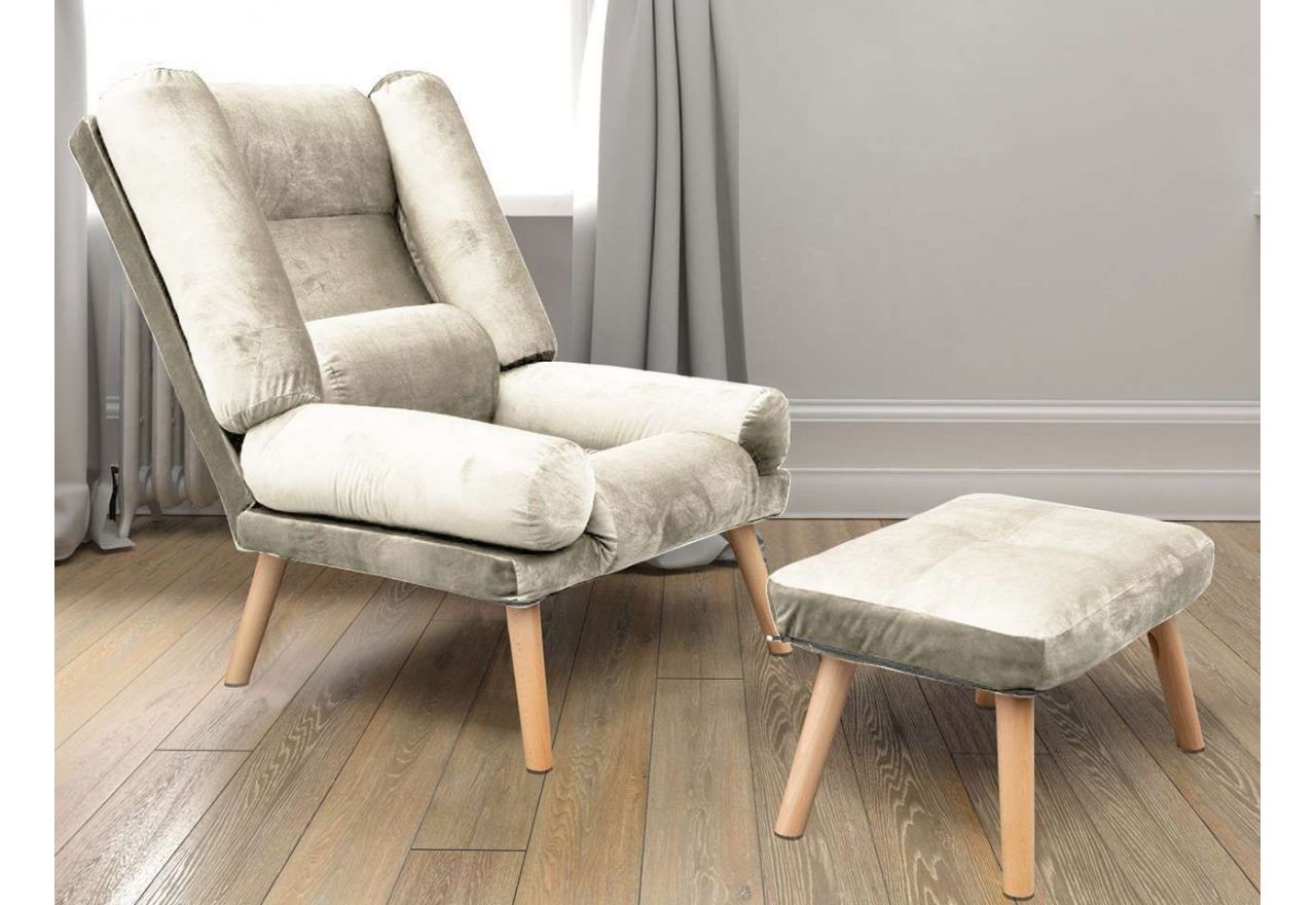 Tapicerowany fotel w skandynawskim stylu z podnóżkiem - LOTUS / Monolith 04 - beżowy