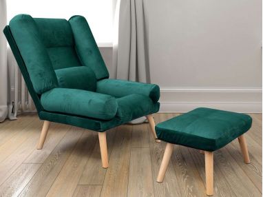 Fotel skandynawski, rozkładany z podnóżkiem w zestawie - LOTUS / Monolith 37 - butelkowa zieleń