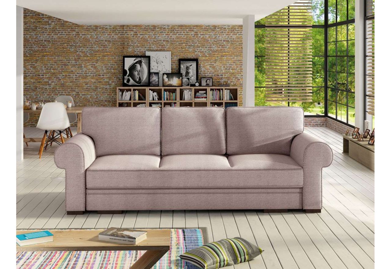 Różowa kanapa w nowoczesnym stylu z funkcją spania i zaokrąglonymi podłokietnikami - BELISA róż