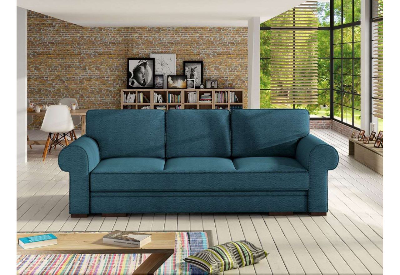 Praktyczna, nowoczesna kanapa z pojemnikiem na pościel oraz funkcją spania do salonu - BELISA niebieski, morski