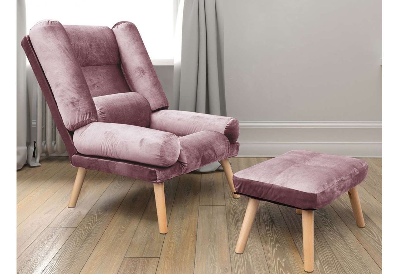 Elegancki fotel tapicerowany w skandynawskim stylu w zestawie z podnóżkiem - LOTUS / Amor Velvet 4308 - lawendowy