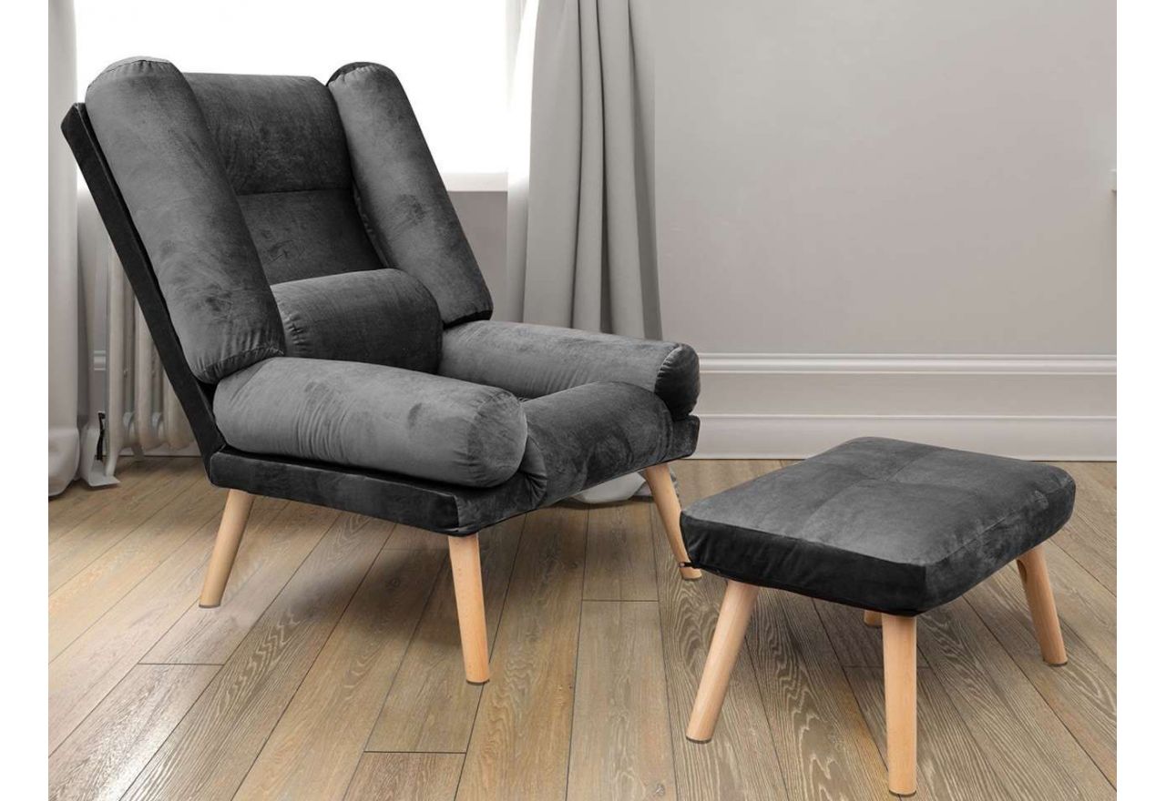 Skandynawski, rozkładany fotel w zestawie z podnóżkiem - LOTUS / Amor Velvet 4321 - szary