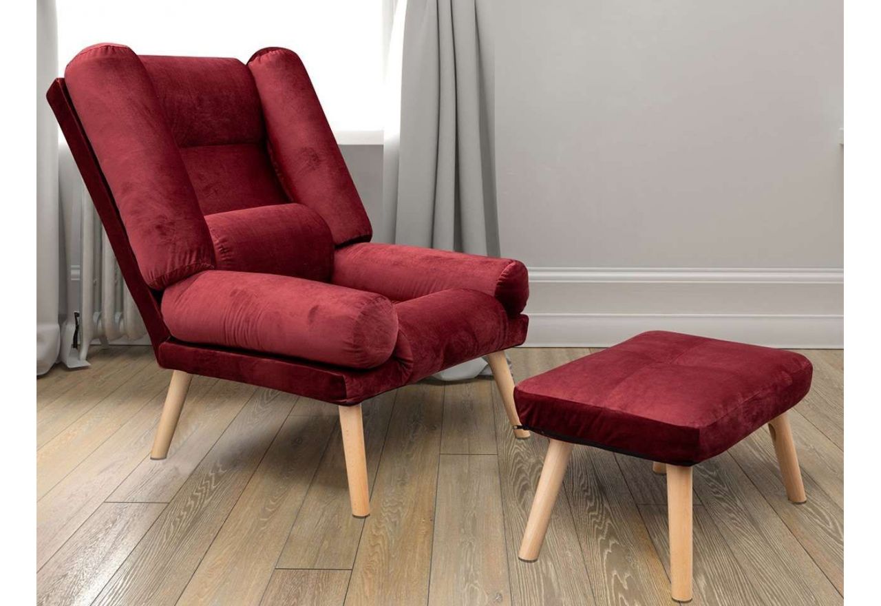 Modny fotel tapicerowany w zestawie z podnóżkiem - LOTUS / Amor Velvet 4306 - czerwony