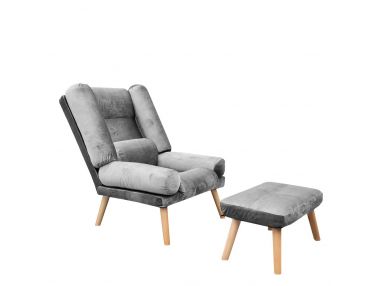 Skandynawski fotel tapicerowany, rozkładany w zestawie z podnóżkiem - LOTUS / Amor Velvet 4318 - jasny szary