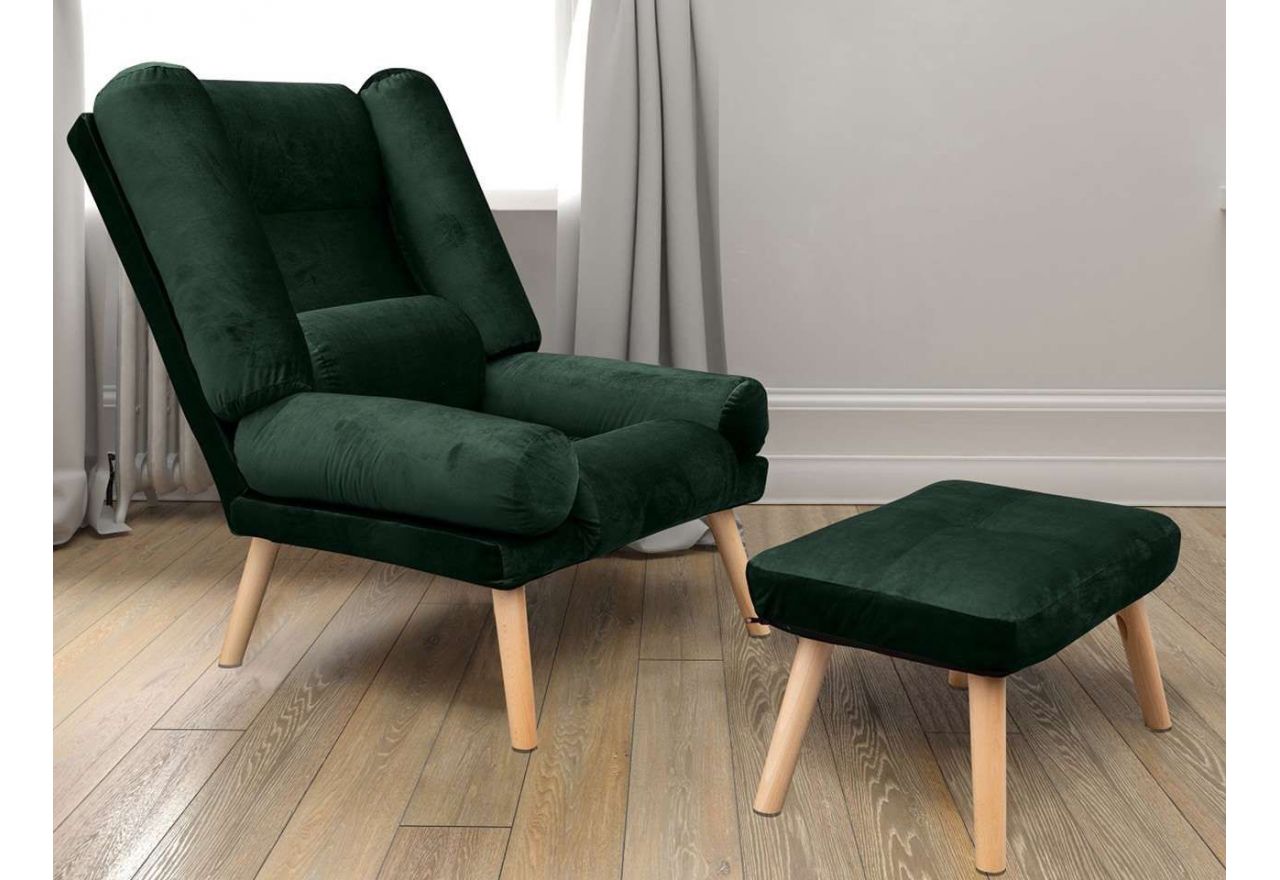 Modny, wolnostojący fotel w skandynawskim stylu z podnóżkiem - LOTUS / Amor Velvet 4311 - butelkowa zieleń