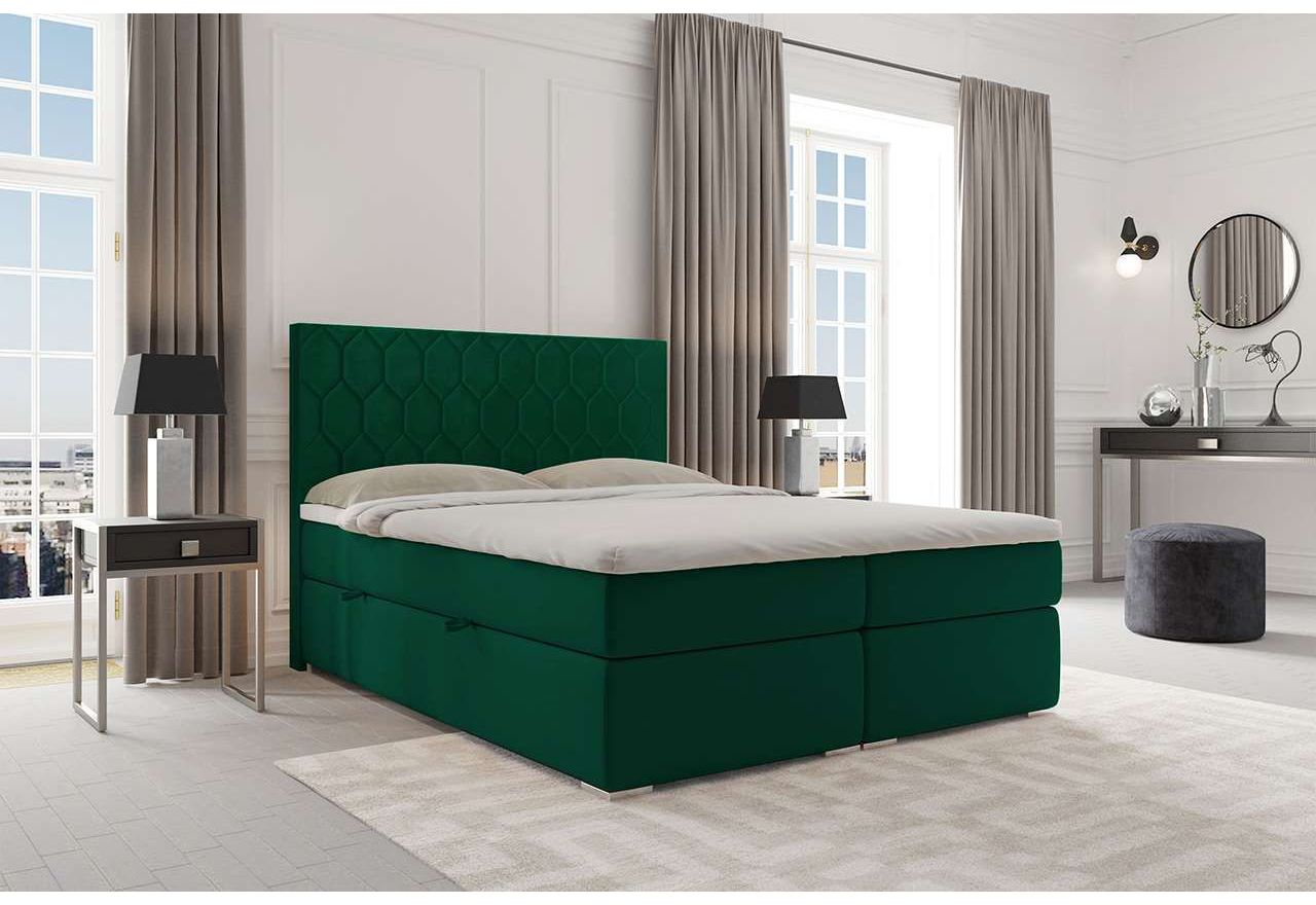 Funkcjonalne łóżko kontynentalne dwuosobowe z materacem - PENE 160x200 butelkowa zieleń