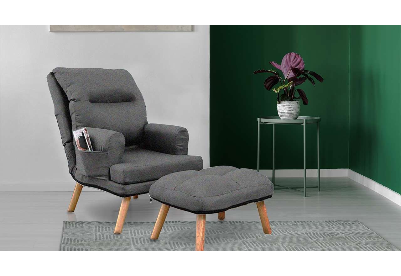 Jednoosobowy fotel tapicerowany w skandynawskim stylu na wysokich nóżkach z podnóżkiem - NAOMI / Zoya 10 - ciemny szary