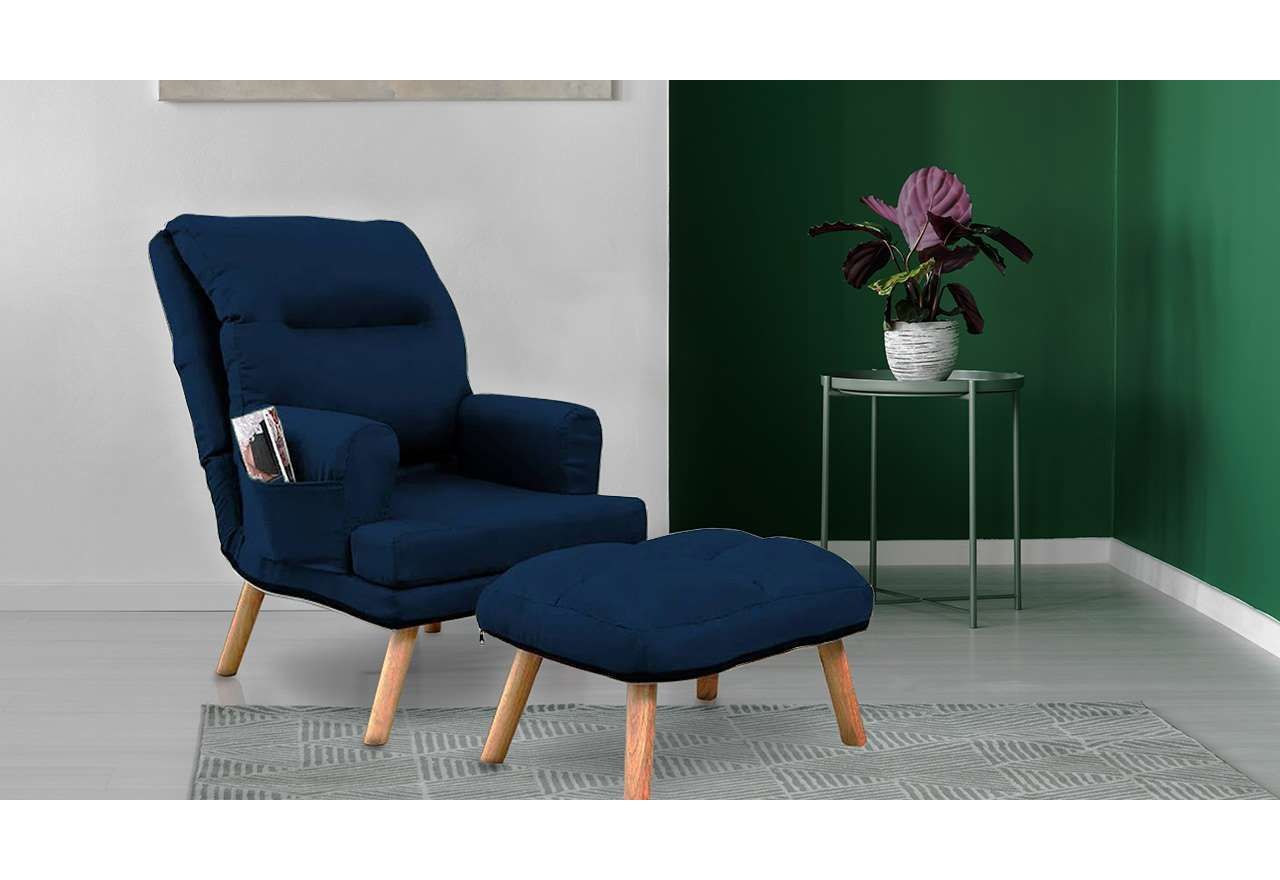 Rozkładany fotel tapicerowany w skandynawskim stylu z podnóżkiem - NAOMI / Monolith 77 - granatowy