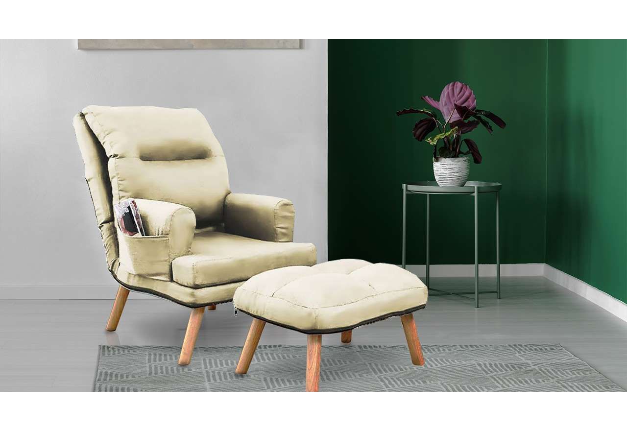 Tapicerowany fotel jednoosobowy w skandynawskim stylu z podnóżkiem - NAOMI / Monolith 04 - beżowy