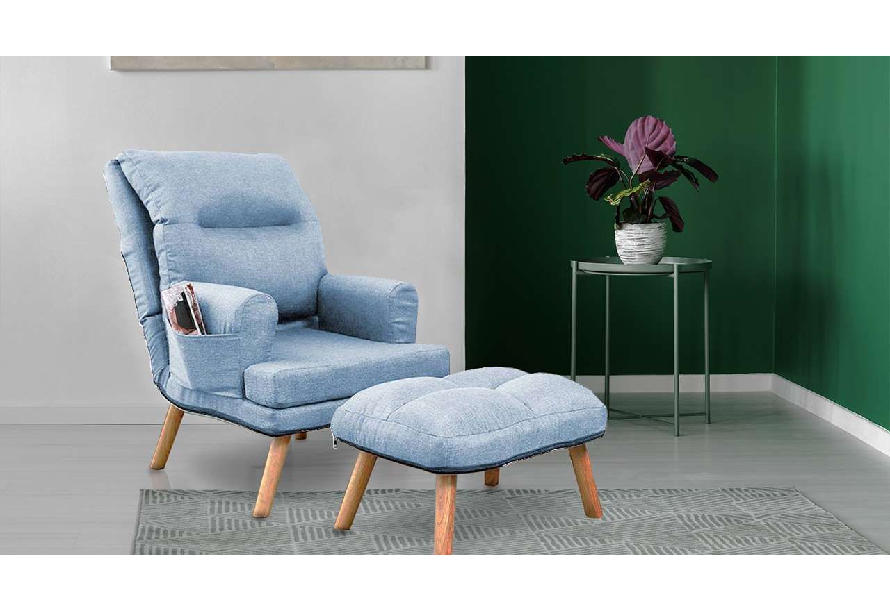 Modny fotel tapicerowany, jednoosobowy w zestawie z podnóżkiem do salonu i pokoju - NAOMI / Samoa 08 - niebieski