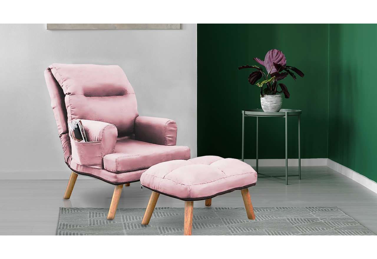 Elegancki fotel rozkładany na wysokich nóżkach w zestawie z podnóżkiem - NAOMI / Amor Velvet 4308 - lawendowy