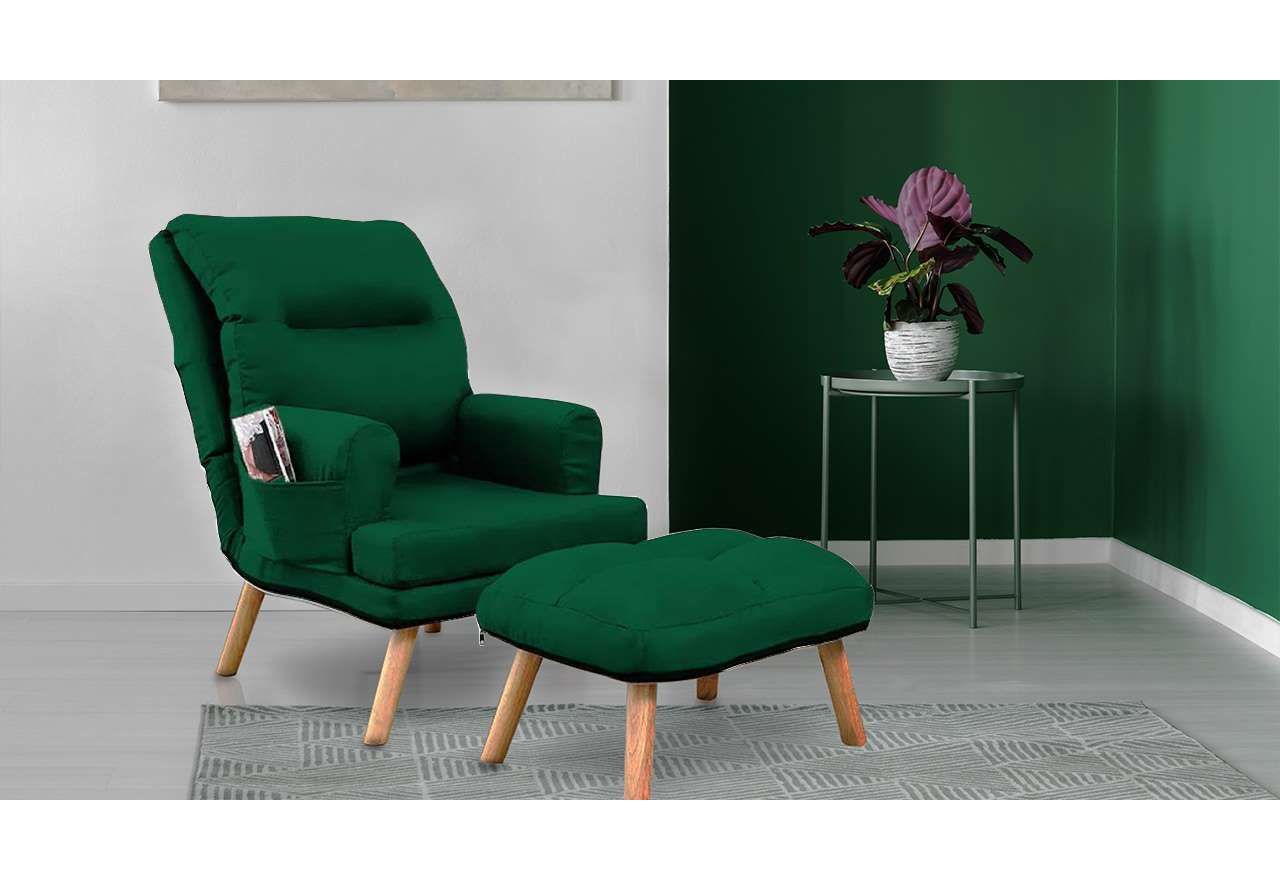 Modny fotel tapicerowany na drewnianych nóżkach z podnóżkiem w zestawie - NAOMI / Amor Velvet 4311 - butelkowa zieleń