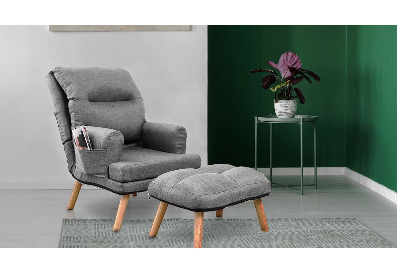 Elegancki fotel tapicerowany na drewnianych nóżkach do pokoju i salonu z podnóżkiem - NAOMI / Falcone 21 - szary