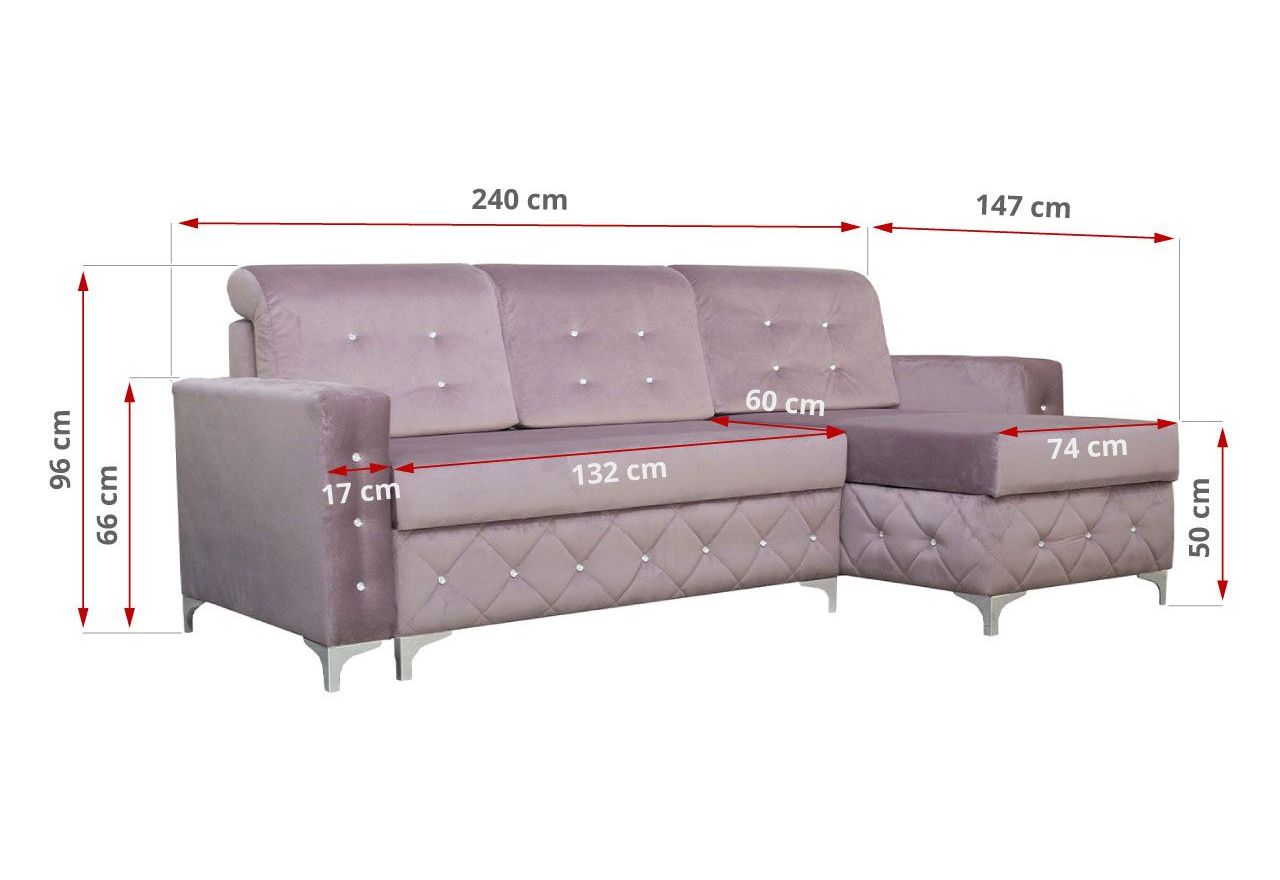 Pikowany, rozkładany narożnik z kryształkami, pojemnikiem na pościel i funkcją spania do salonu - PAOLA róż