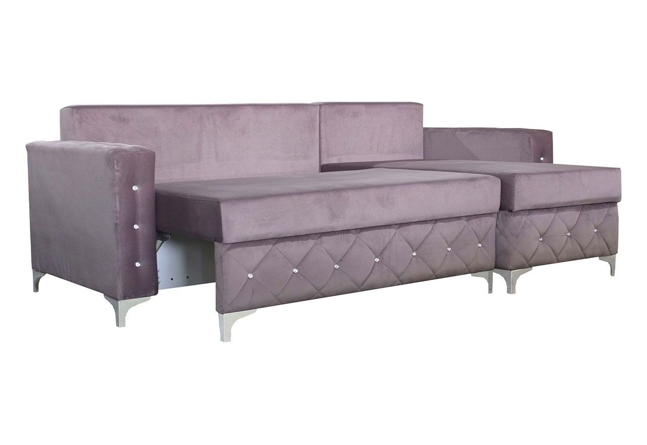 Pikowany, rozkładany narożnik z kryształkami, pojemnikiem na pościel i funkcją spania do salonu - PAOLA róż