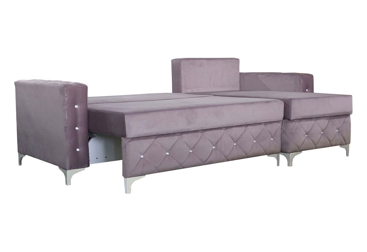 Pikowany, rozkładany narożnik z kryształkami, pojemnikiem na pościel i funkcją spania do salonu - PAOLA róż