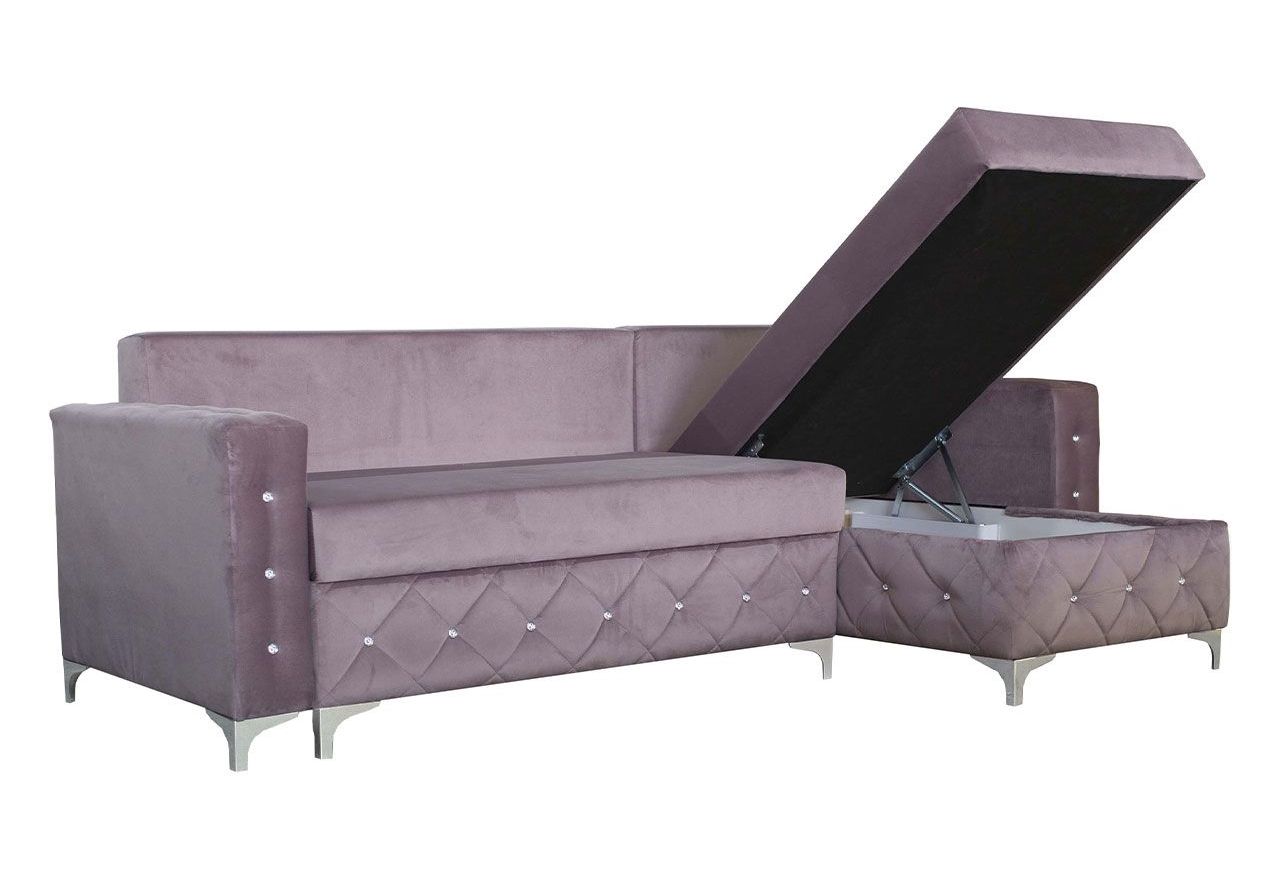 Pikowany, rozkładany narożnik z kryształkami, pojemnikiem na pościel i funkcją spania do salonu - PAOLA róż
